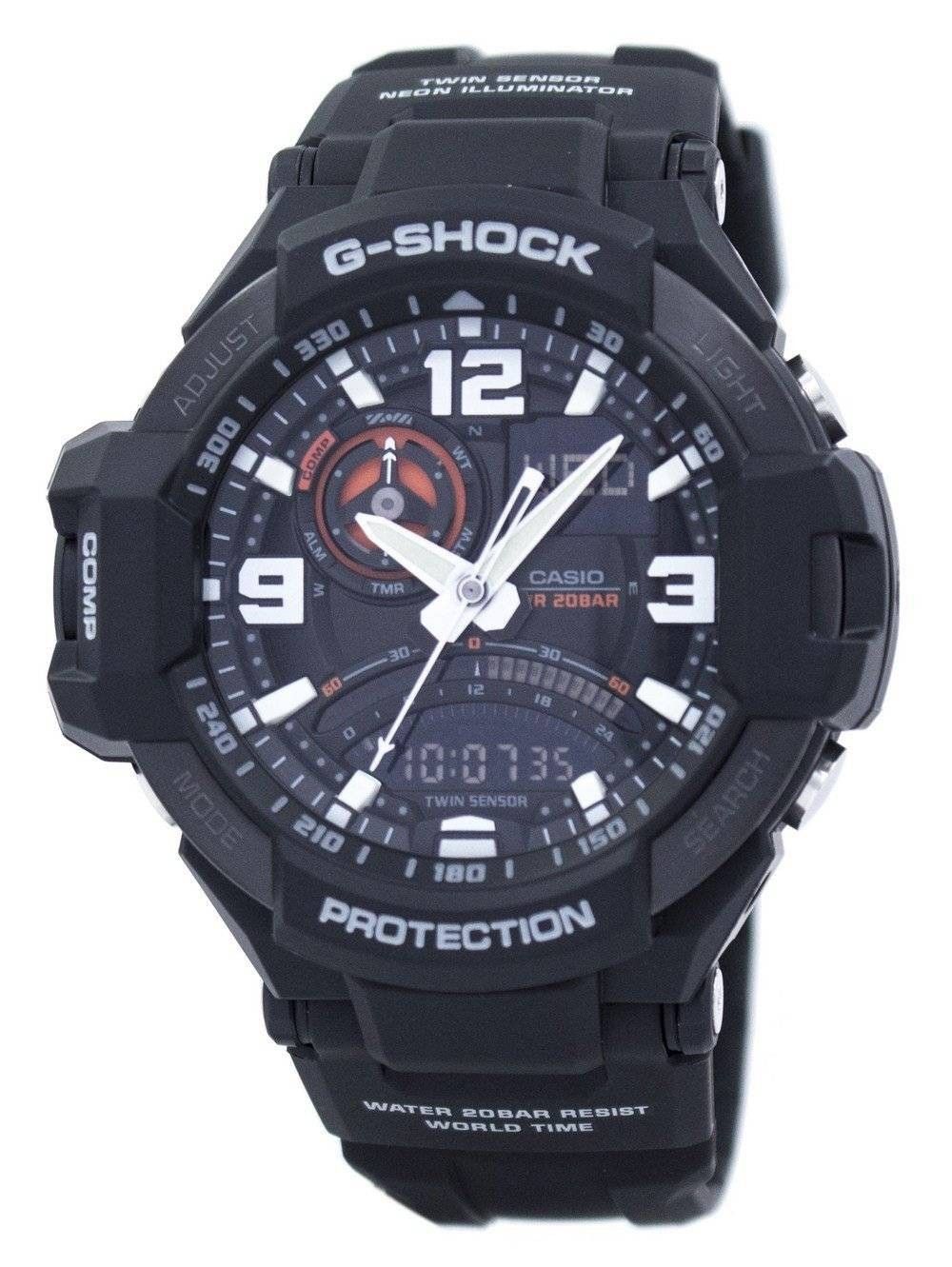Casio Refurbished Casio G-Shock Analog Digital Resin Strap. A professionally refurbished Refurbished watch featuring a Black dial. Angled view.