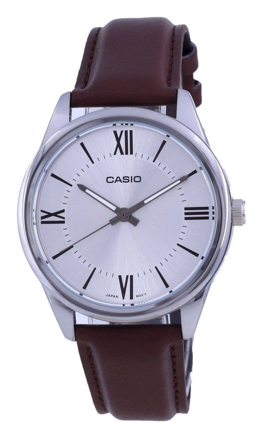 Casio Silver Dial Stainless Steel Analog Quartz MTPV005L-7. A brand-new Casio watch featuring a Silver dial and a Leather strap. Front view.