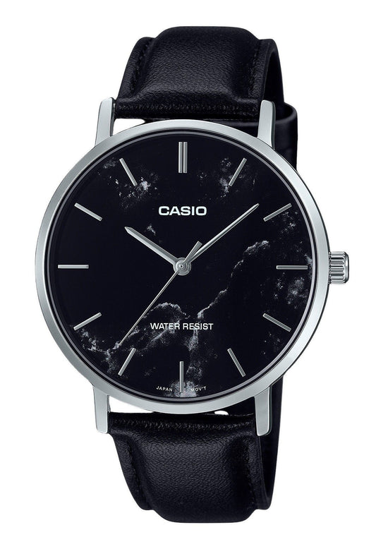 Casio Standard Analog Black Leather Strap Marble Inspired. A brand-new Casio Standard watch featuring a Black dial and a Leather strap. Front view.