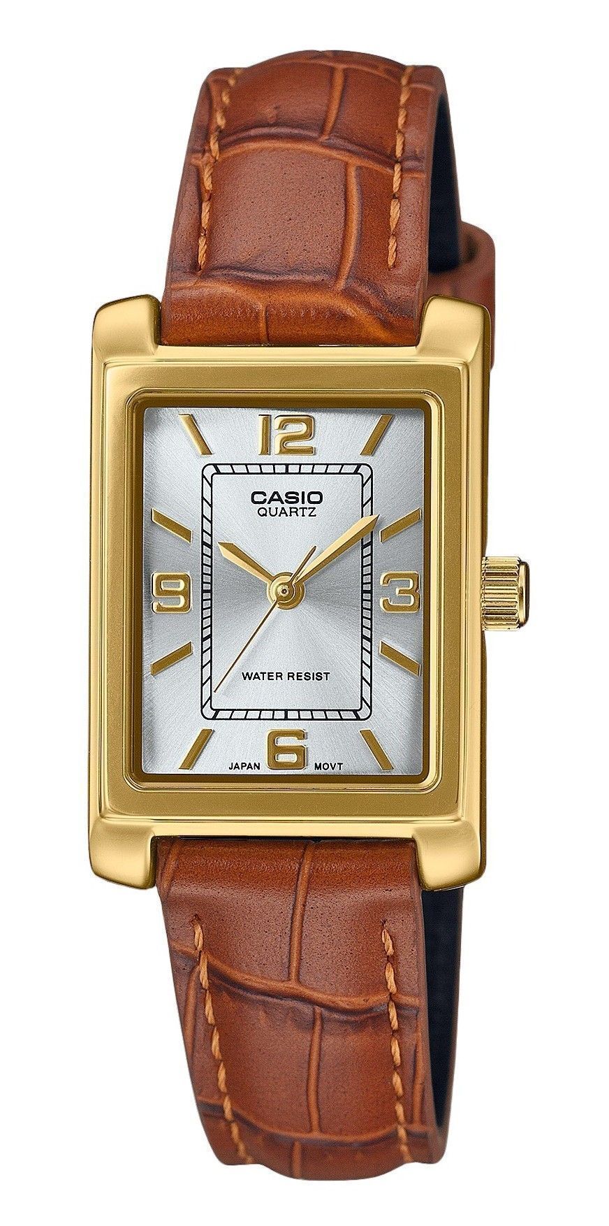 Casio Standard Analog Brown Leather Strap Silver Dial. A brand-new Casio Standard watch featuring a Silver dial and a Leather strap. Side view.