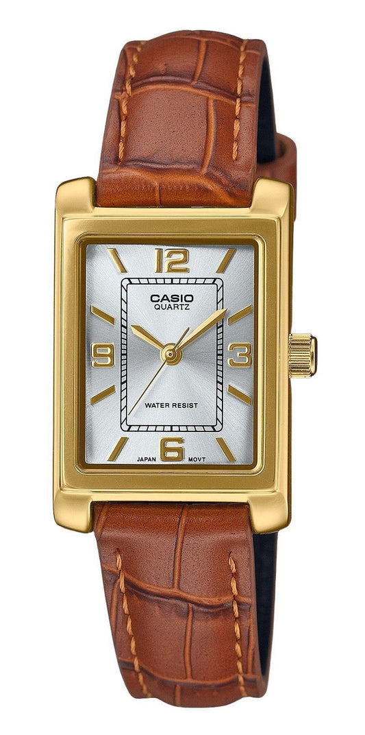 Casio Standard Analog Brown Leather Strap Silver Dial. A brand-new Casio Standard watch featuring a Silver dial and a Leather strap. Side view.