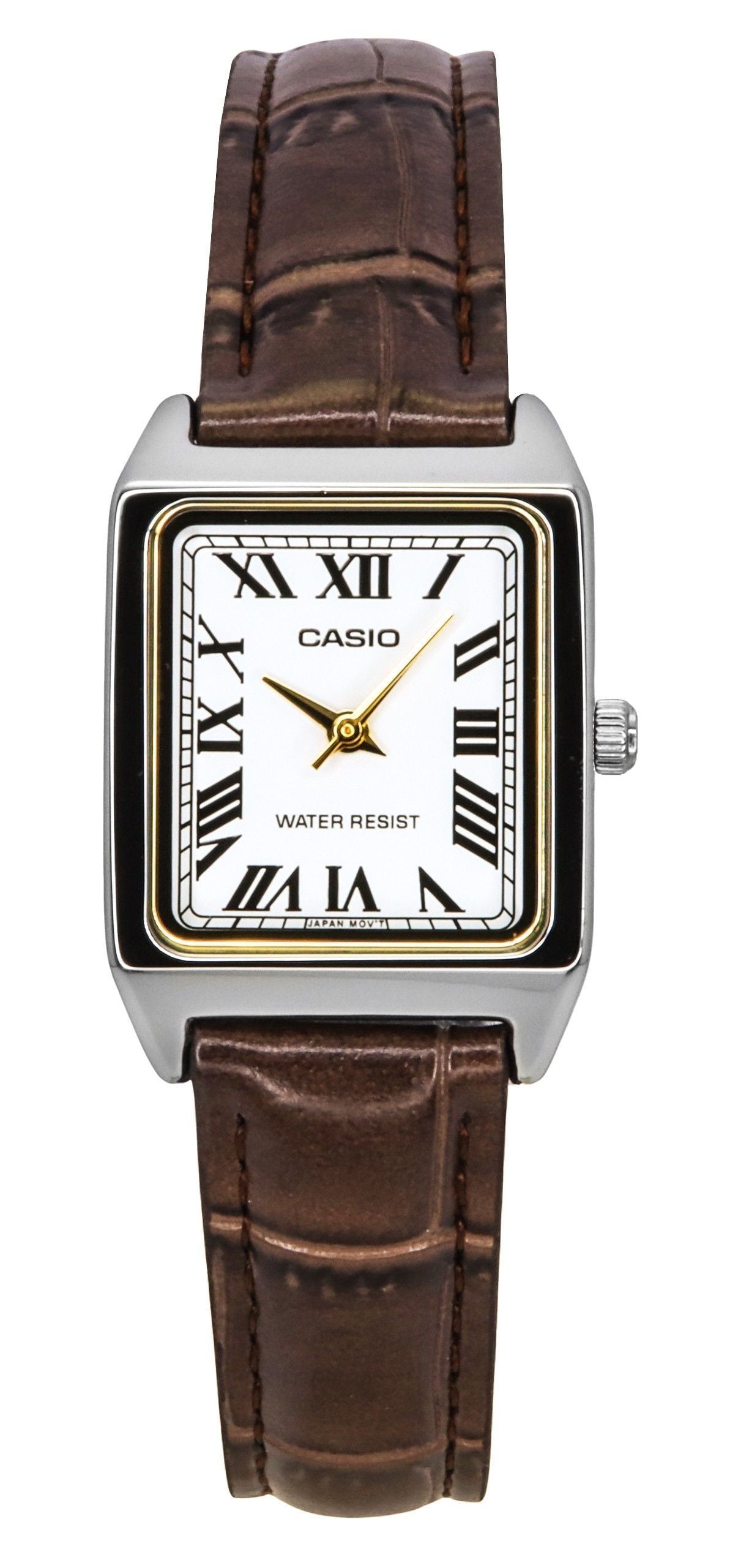 Casio Standard Analog Chrome Plated Leather Strap White. A brand-new Casio Standard watch featuring a White dial and a Leather strap. Front view.