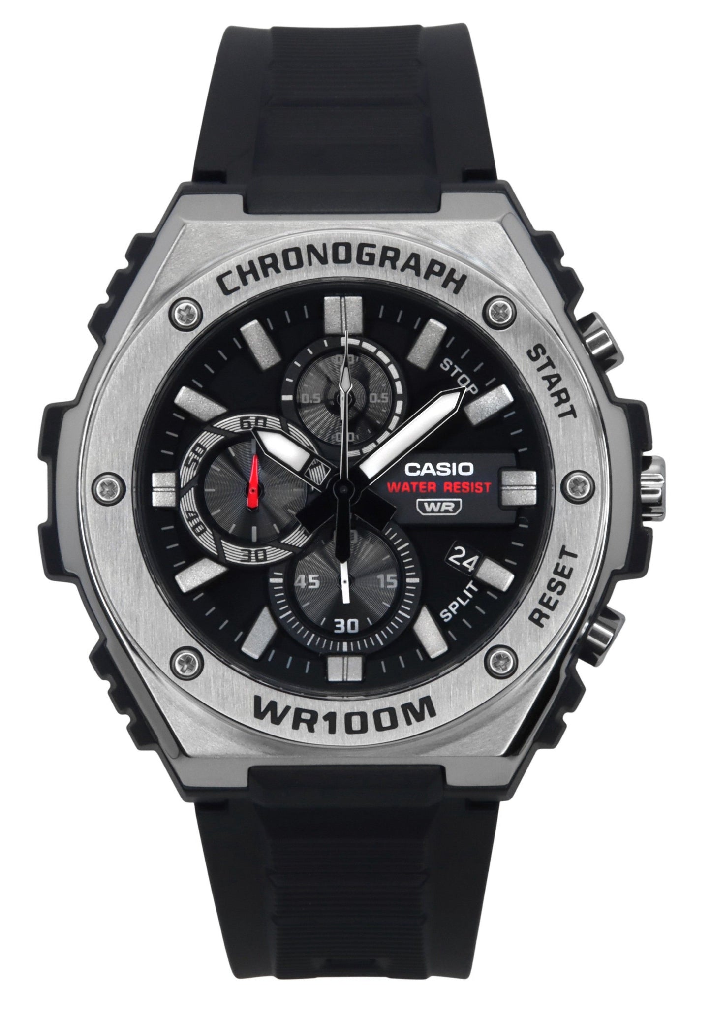 Casio Standard Analog Chronograph Resin Strap Black Dial. A brand-new Casio Standard watch featuring a Black dial. Angled view.