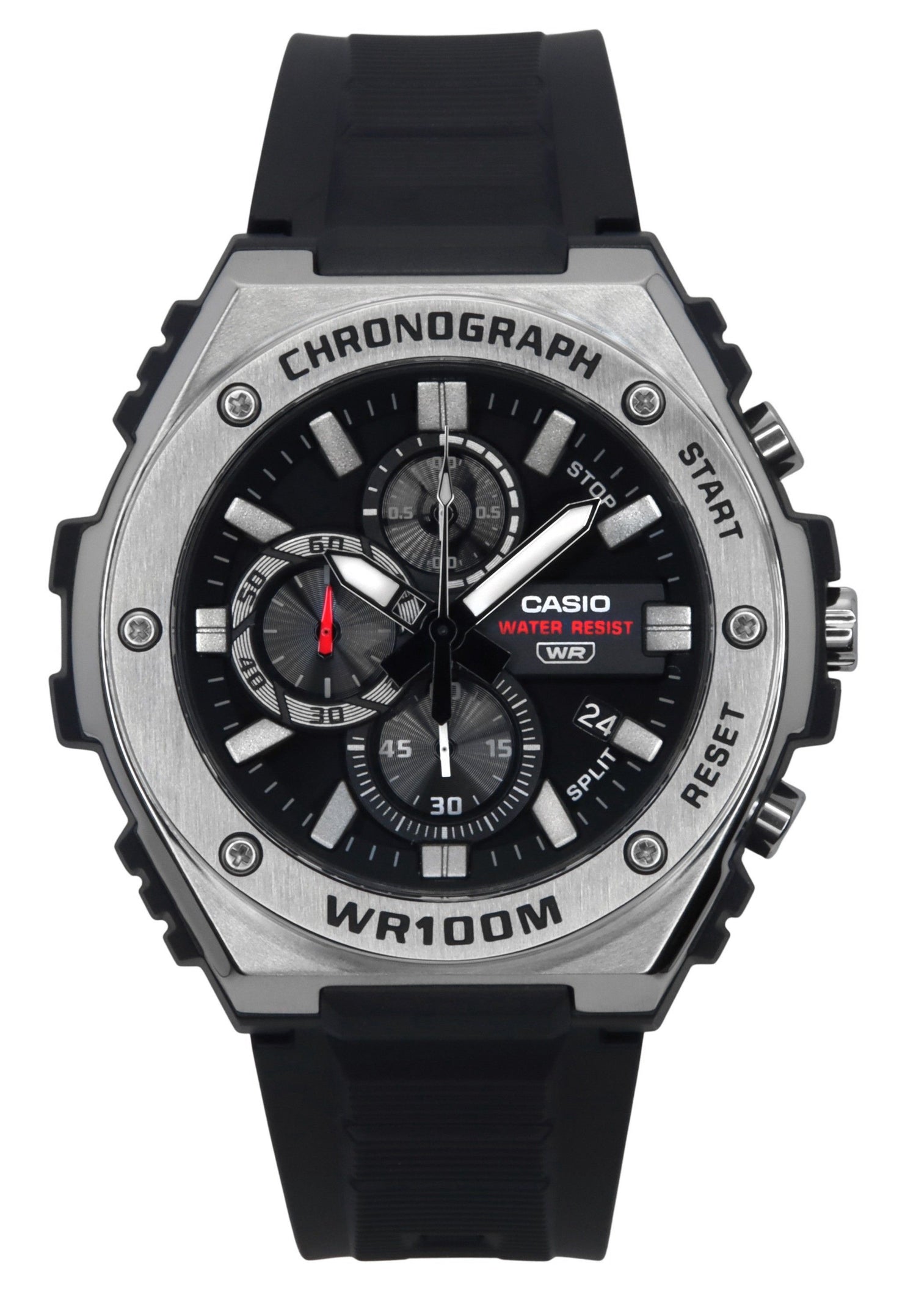 Casio Standard Analog Chronograph Resin Strap Black Dial. A brand-new Casio Standard watch featuring a Black dial. Angled view.