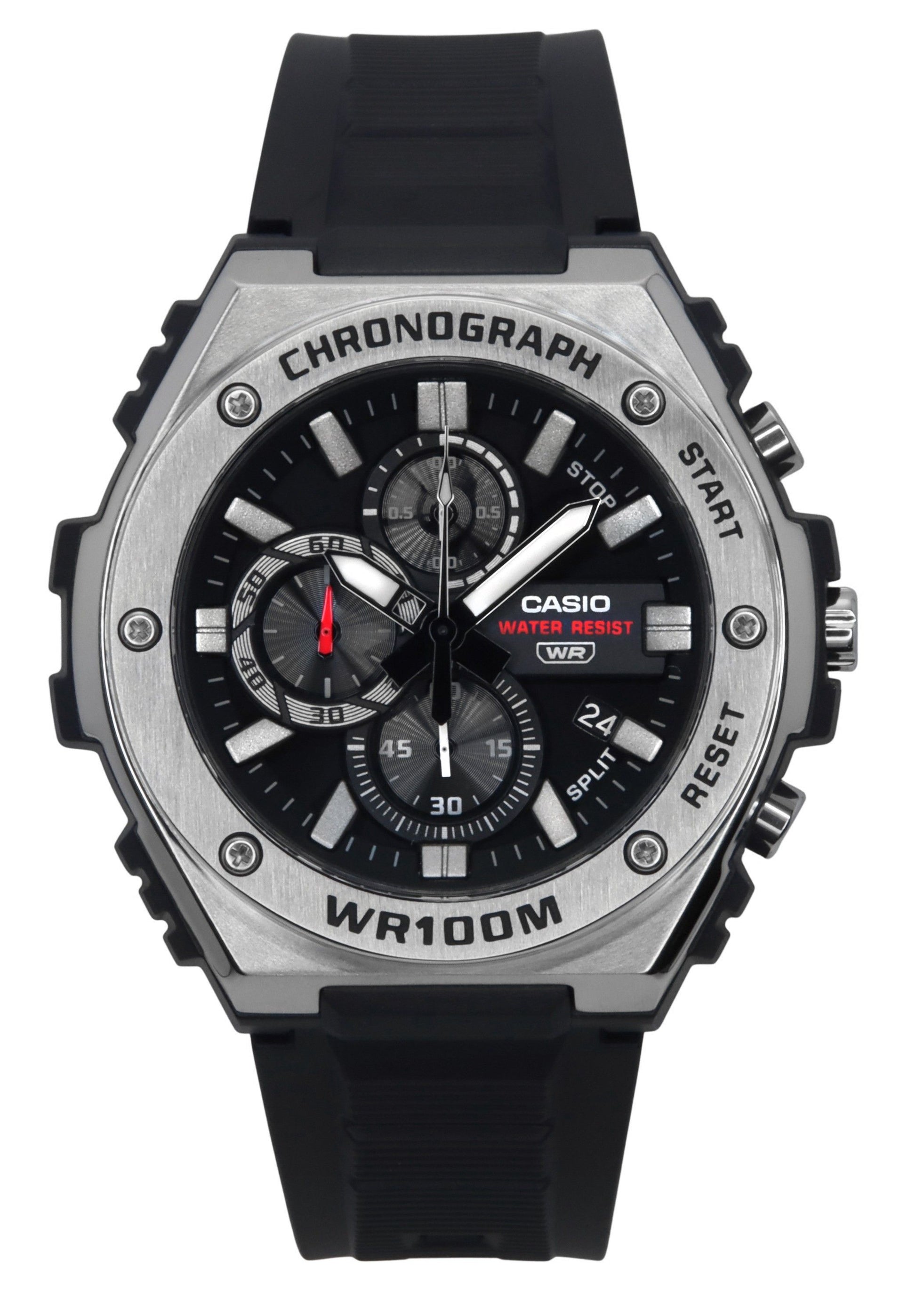 Casio Standard Analog Chronograph Resin Strap Black Dial. A brand-new Casio Standard watch featuring a Black dial. Angled view.