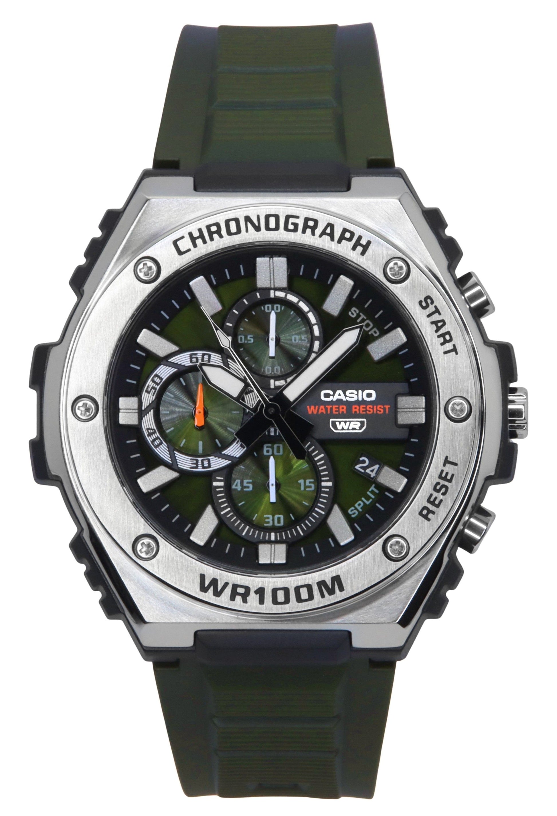 Casio Standard Analog Chronograph Resin Strap Green Dial. A brand-new Casio Standard watch featuring a Green dial. Angled view.