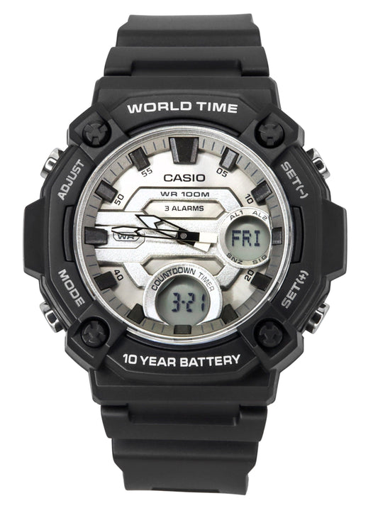 Casio Standard Analog Digital Resin Strap Silver Dial. A brand-new Casio Standard watch featuring a Silver dial. Side view.