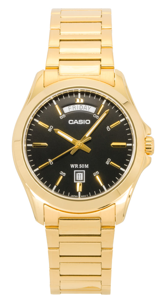 Casio Standard Analog Gold Tone Stainless Steel Black Dial. A brand-new Casio Standard watch featuring a Black dial and a Stainless steel strap. Front view.
