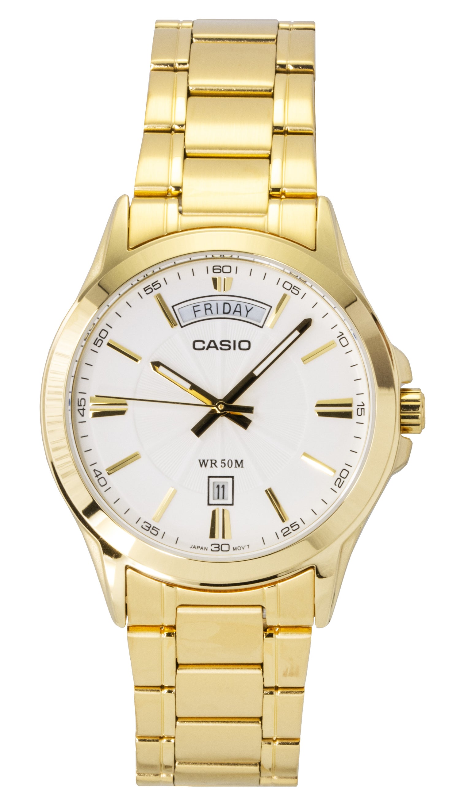 Casio Standard Analog Gold Tone Stainless Steel White Dial. A brand-new Casio Standard watch featuring a White dial and a Stainless steel strap. Side view.