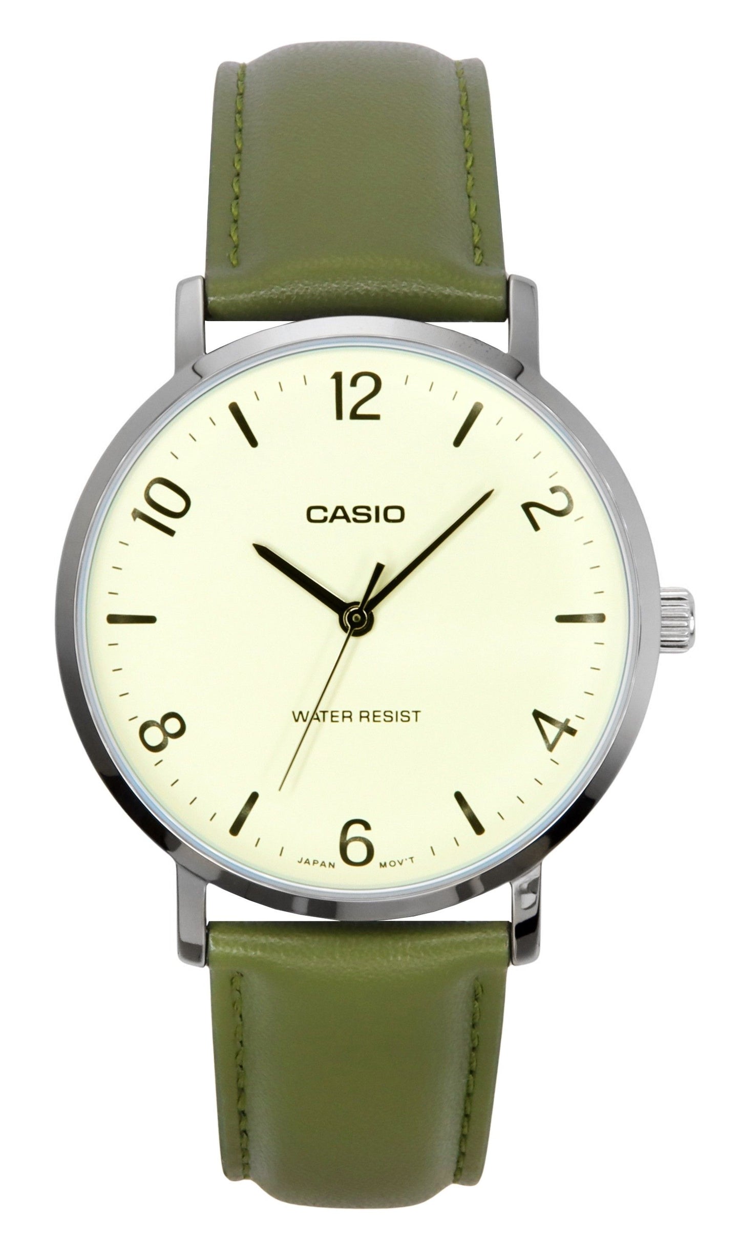 Casio Standard Analog Green Leather Strap White Dial Quartz. A brand-new Casio Standard watch featuring a White dial and a Leather strap. Side view.