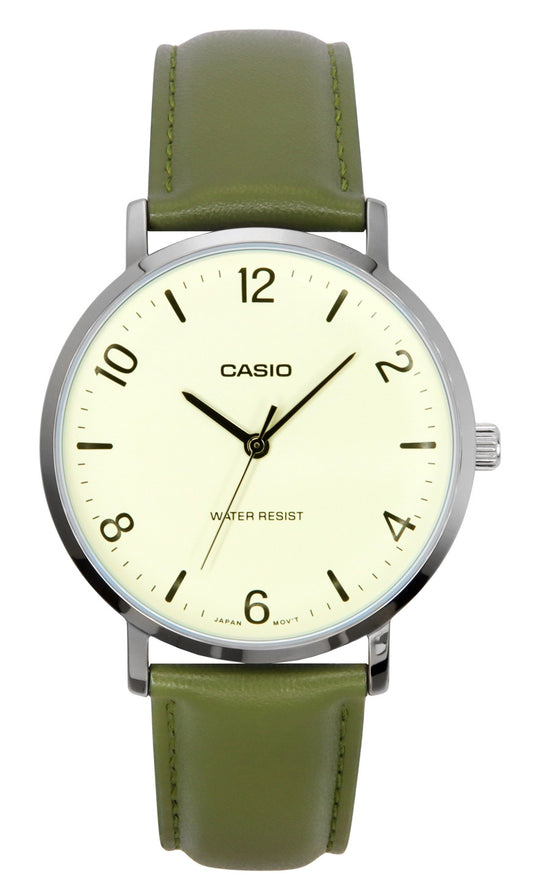 Casio Standard Analog Green Leather Strap White Dial Quartz. A brand-new Casio Standard watch featuring a White dial and a Leather strap. Side view.