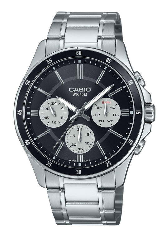 Casio Standard Analog Ion Plated Stainless Steel Black Dial. A brand-new Casio Standard watch featuring a Black dial and a Stainless steel strap. Angled view.