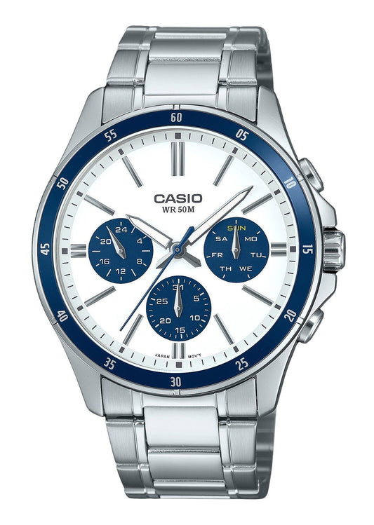 Casio Standard Analog Ion Plated Stainless Steel White Dial. A brand-new Casio Standard watch featuring a White dial and a Stainless steel strap. Front view.