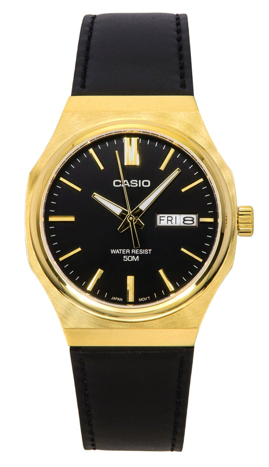 Casio Standard Analog Leather Strap Black Dial Quartz. A brand-new Casio Standard watch featuring a Black dial and a Leather strap. Front view.