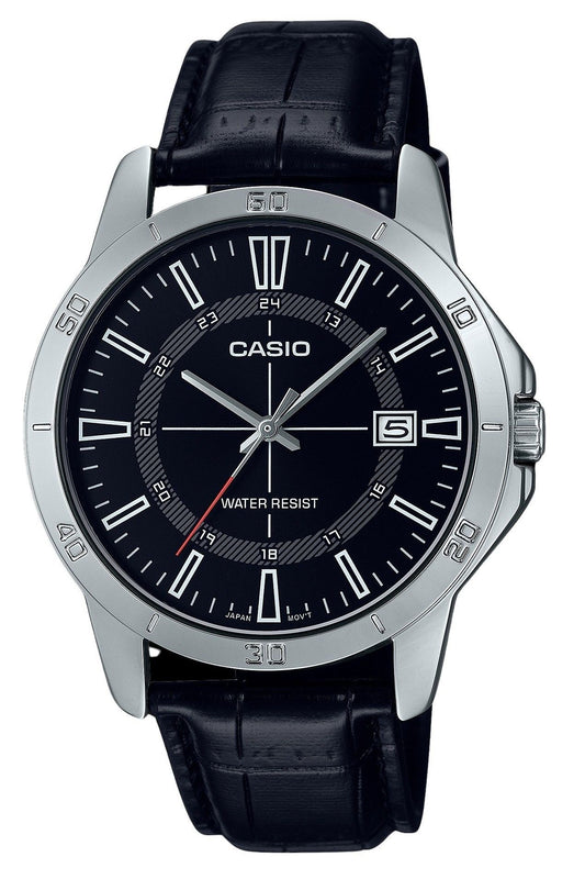 Casio Standard Analog Leather Strap Black Dial Quartz. A brand-new Casio Standard watch featuring a Black dial and a Leather strap. Angled view.