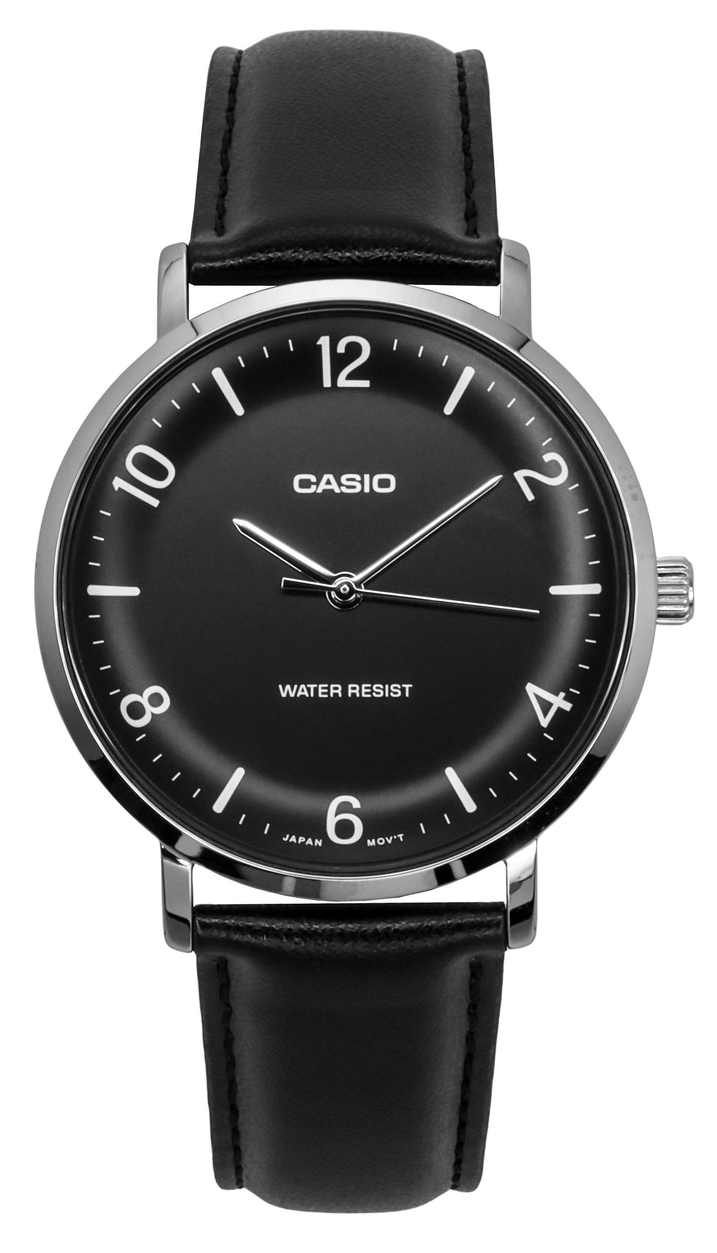 Casio Standard Analog Leather Strap Black Dial Quartz. A brand-new Casio Standard watch featuring a Black dial and a Leather strap. Angled view.