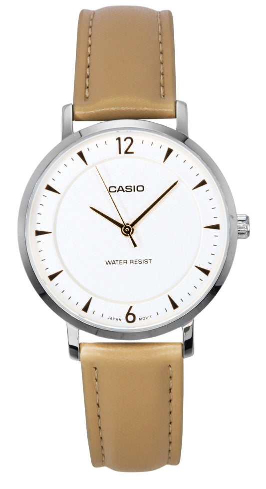 Casio Standard Analog Leather Strap Cream Dial Quartz Wo. A brand-new Casio Standard watch featuring a Leather strap. Side view.