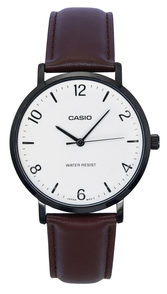 Casio Standard Analog Leather Strap White Dial Quartz. A brand-new Casio Standard watch featuring a White dial and a Leather strap. Side view.