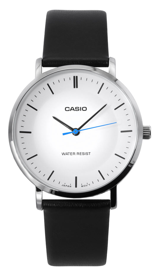 Casio Standard Analog Leather Strap White Dial Quartz. A brand-new Casio Standard watch featuring a White dial and a Leather strap. Angled view.