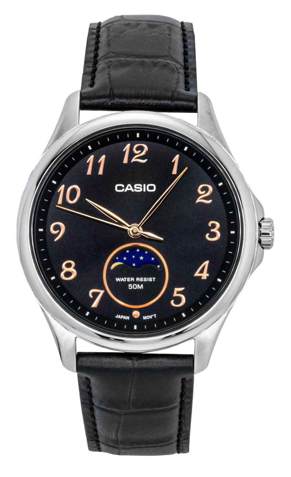 Casio Standard Analog Moon Phase Leather Strap Black Dial. A brand-new Casio Standard watch featuring a Black dial and a Leather strap. Front view.