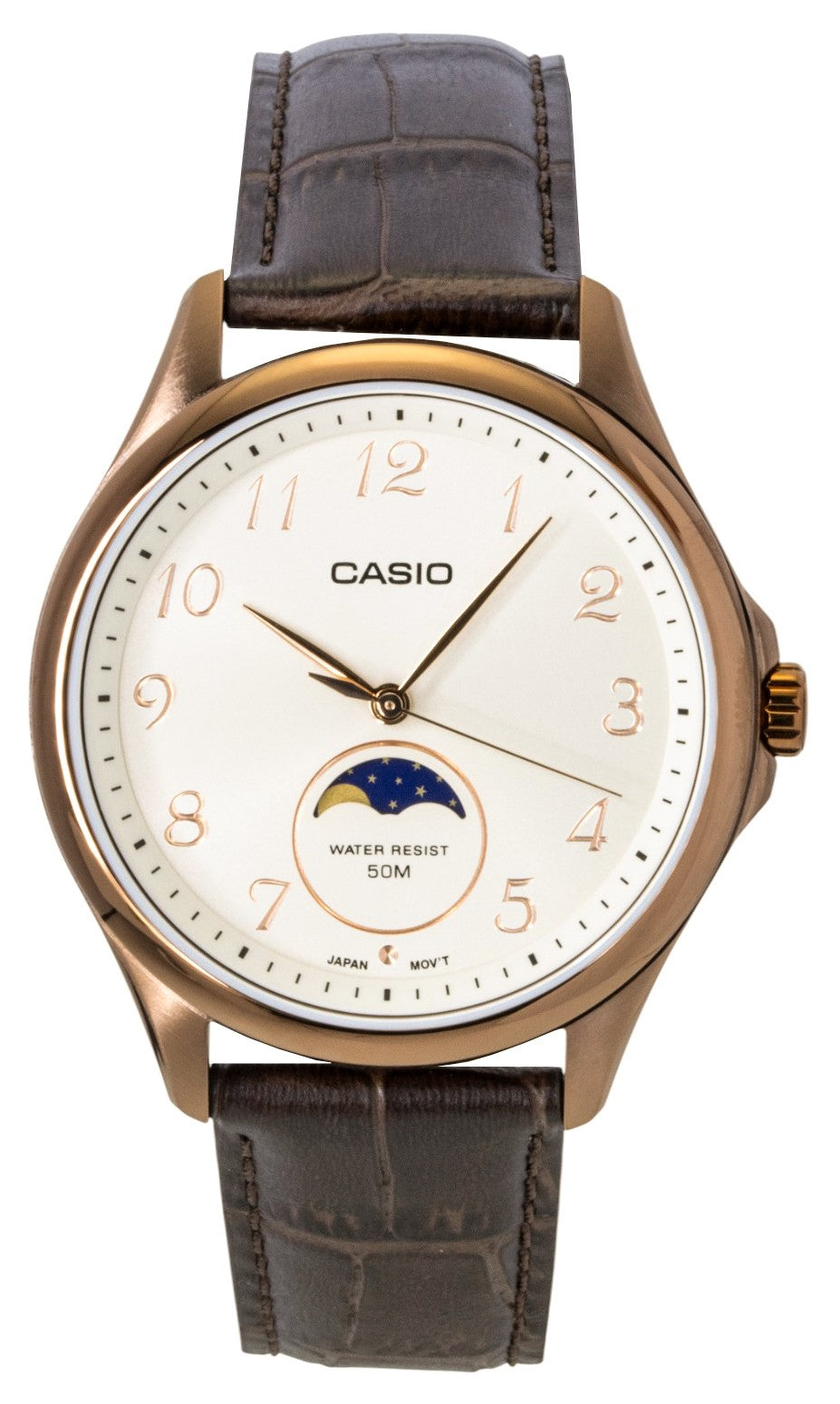 Casio Standard Analog Moon Phase Leather Strap Ivory Dial. A brand-new Casio Standard watch featuring a Ivory dial and a Leather strap. Angled view.