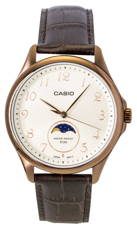 Casio Standard Analog Moon Phase Leather Strap Ivory Dial. A brand-new Casio Standard watch featuring a Ivory dial and a Leather strap. Angled view.