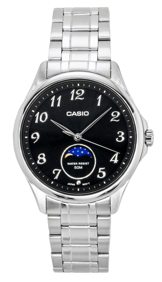 Casio Standard Analog Moon Phase Stainless Steel Black Dial. A brand-new Casio Standard watch featuring a Black dial and a Stainless steel strap. Side view.