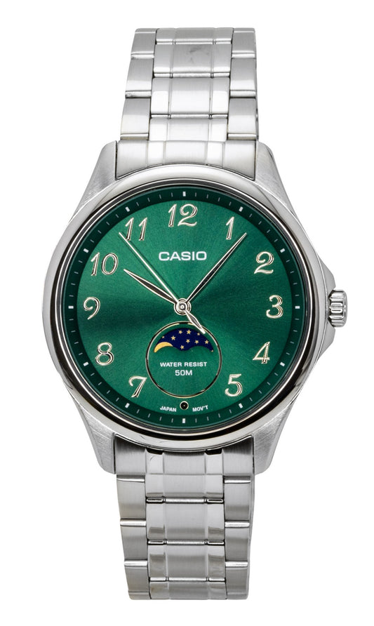 Casio Standard Analog Moon Phase Stainless Steel Green Dial. A brand-new Casio Standard watch featuring a Green dial and a Stainless steel strap. Front view.