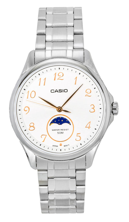 Casio Standard Analog Moon Phase Stainless Steel White Dial. A brand-new Casio Standard watch featuring a White dial and a Stainless steel strap. Angled view.