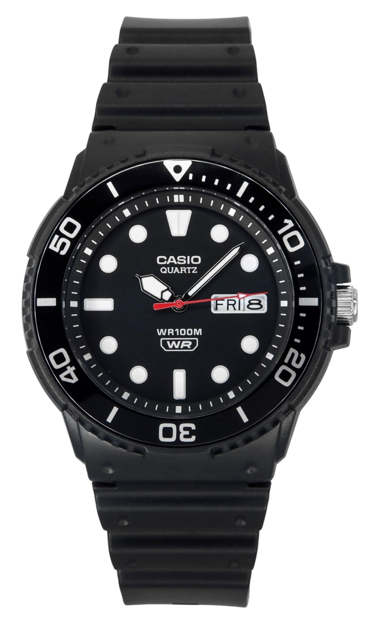 Casio Standard Analog Resin Strap Black Dial Quartz 100M. A brand-new Casio Standard watch featuring a Black dial. Angled view.