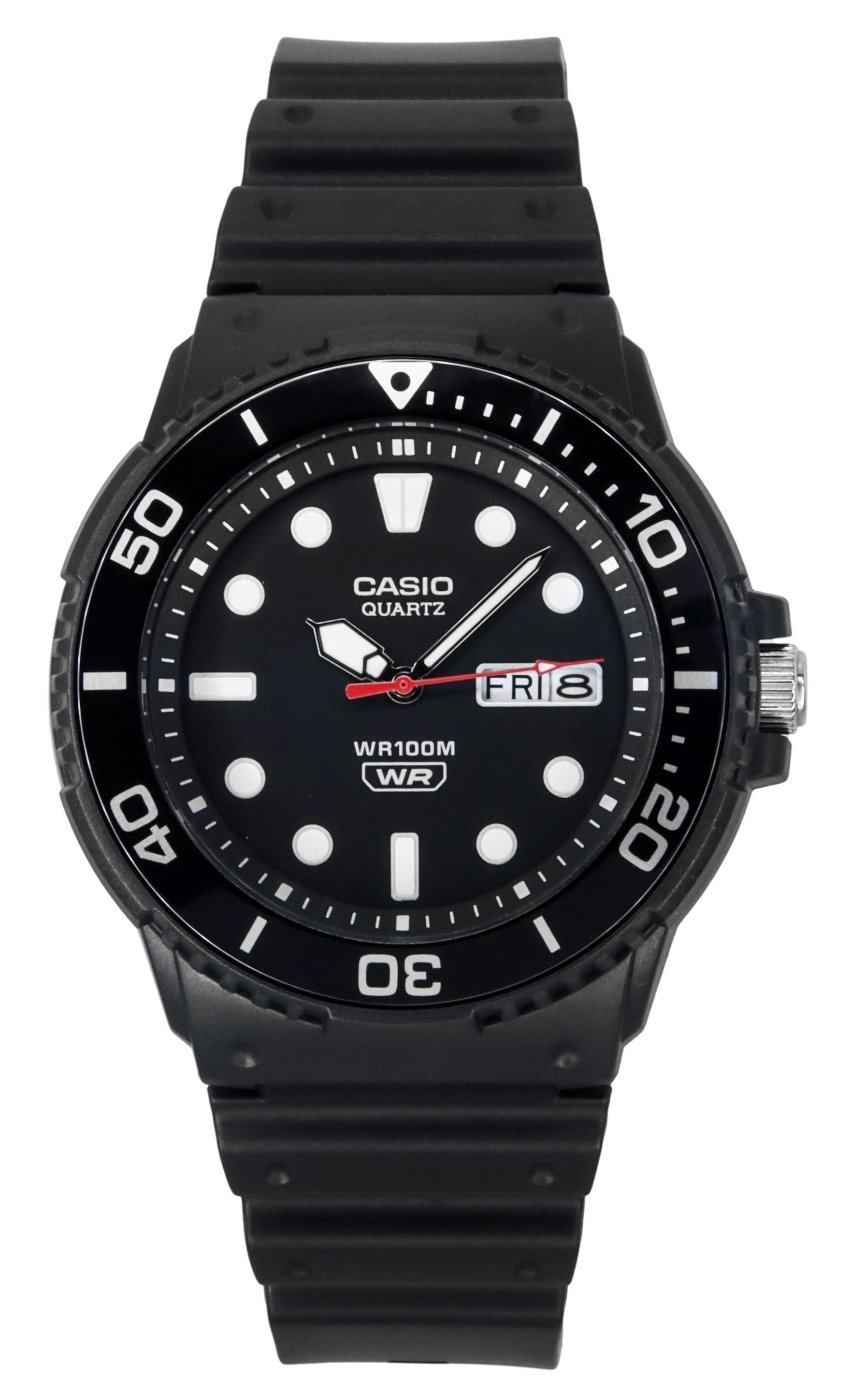 Casio Standard Analog Resin Strap Black Dial Quartz 100M. A brand-new Casio Standard watch featuring a Black dial. Angled view.