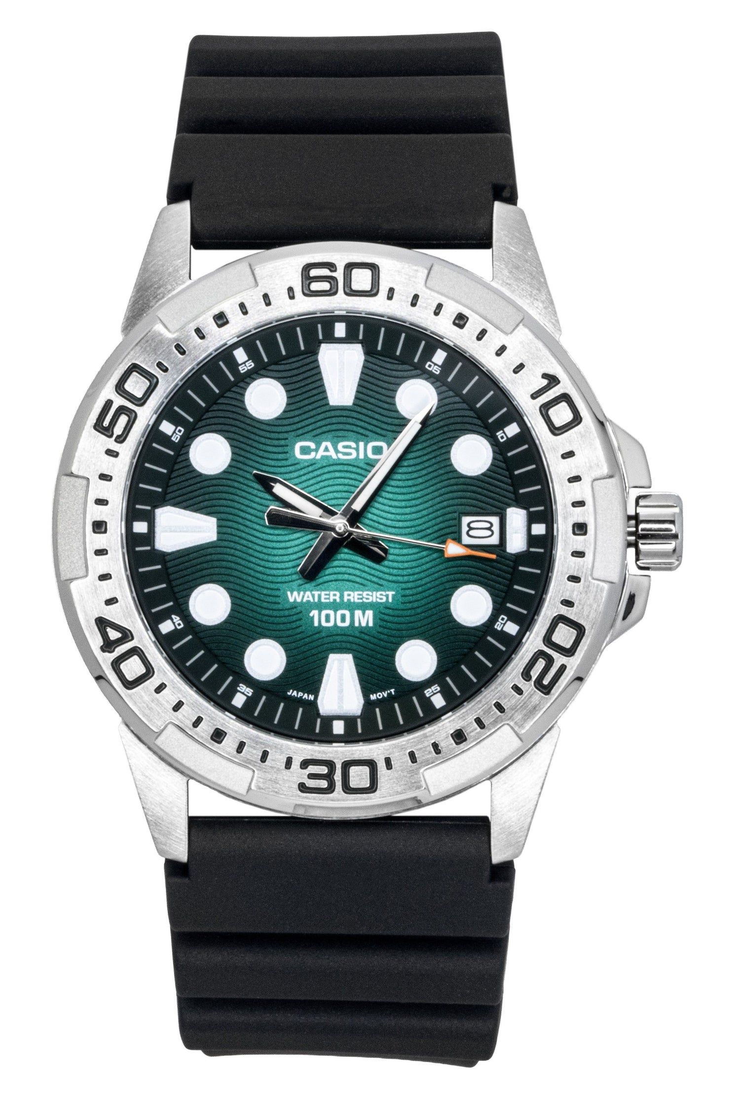 Casio Standard Analog Resin Strap Green Dial Quartz 100M. A brand-new Casio Standard watch featuring a Green dial and a Stainless steel strap. Side view.