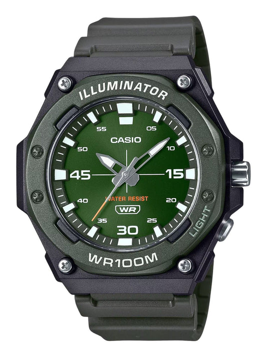 Casio Standard Analog Resin Strap Green Dial Quartz 100M. A brand-new Casio Standard watch featuring a Green dial. Side view.