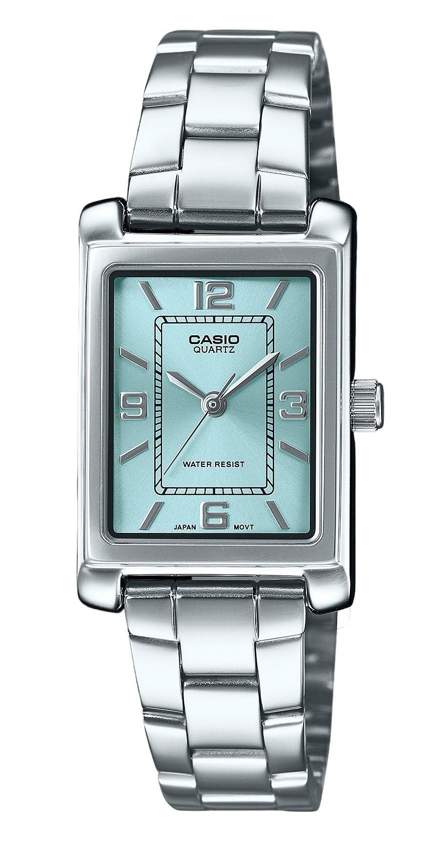 Casio Standard Analog Stainless Steel Aqua Blue Dial Quartz. A brand-new Casio Standard watch featuring a Aqua Blue dial and a Stainless steel strap. Front view.