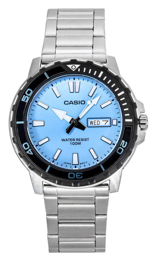 Casio Standard Analog Stainless Steel Aqua Blue Dial Quartz. A brand-new Casio Standard watch featuring a Aqua Blue dial and a Stainless steel strap. Angled view.