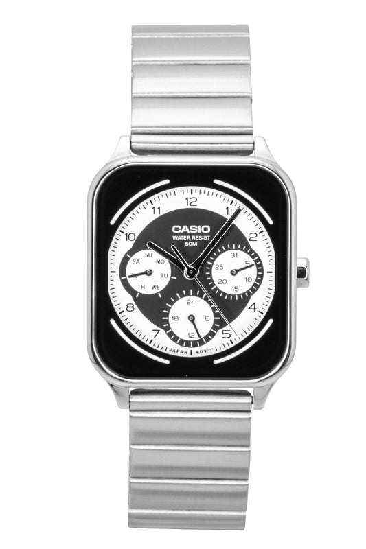 Casio Standard Analog Stainless Steel Black And White Dial. A brand-new Casio Standard watch featuring a Black and White dial and a Stainless steel strap. Side view.