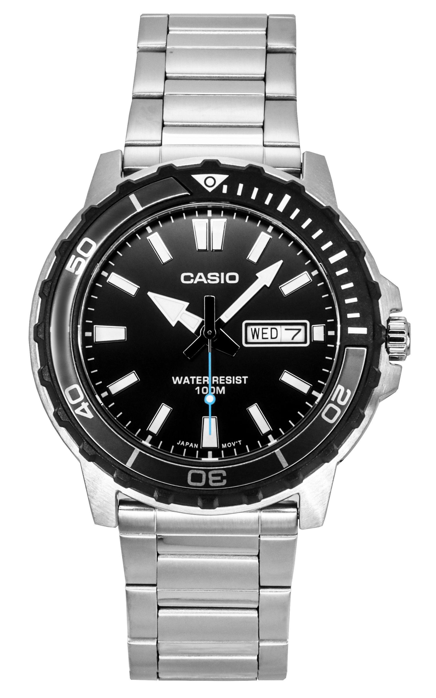 Casio Standard Analog Stainless Steel Black Dial Quartz 100M. A brand-new Casio Standard watch featuring a Black dial and a Stainless steel strap. Front view.