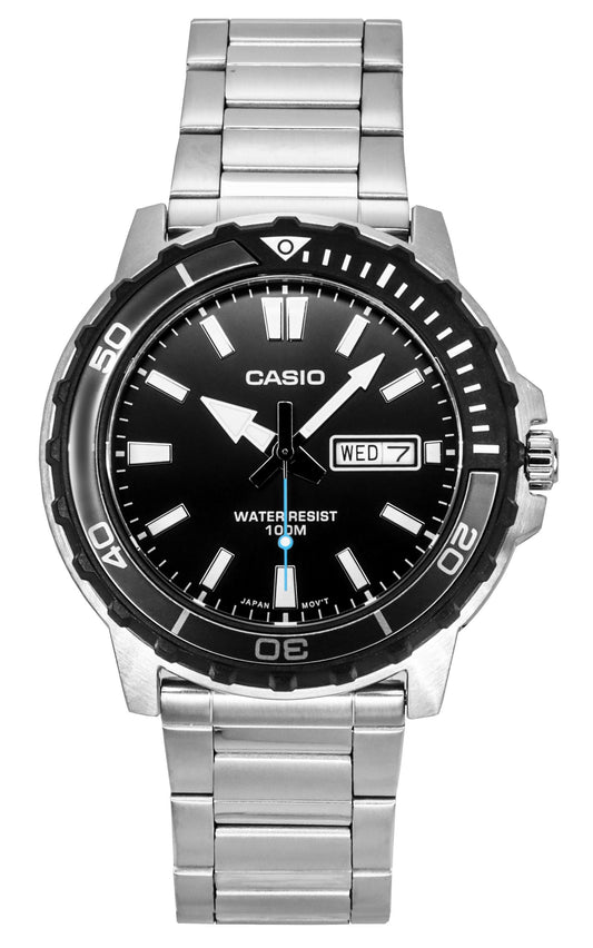 Casio Standard Analog Stainless Steel Black Dial Quartz 100M. A brand-new Casio Standard watch featuring a Black dial and a Stainless steel strap. Front view.