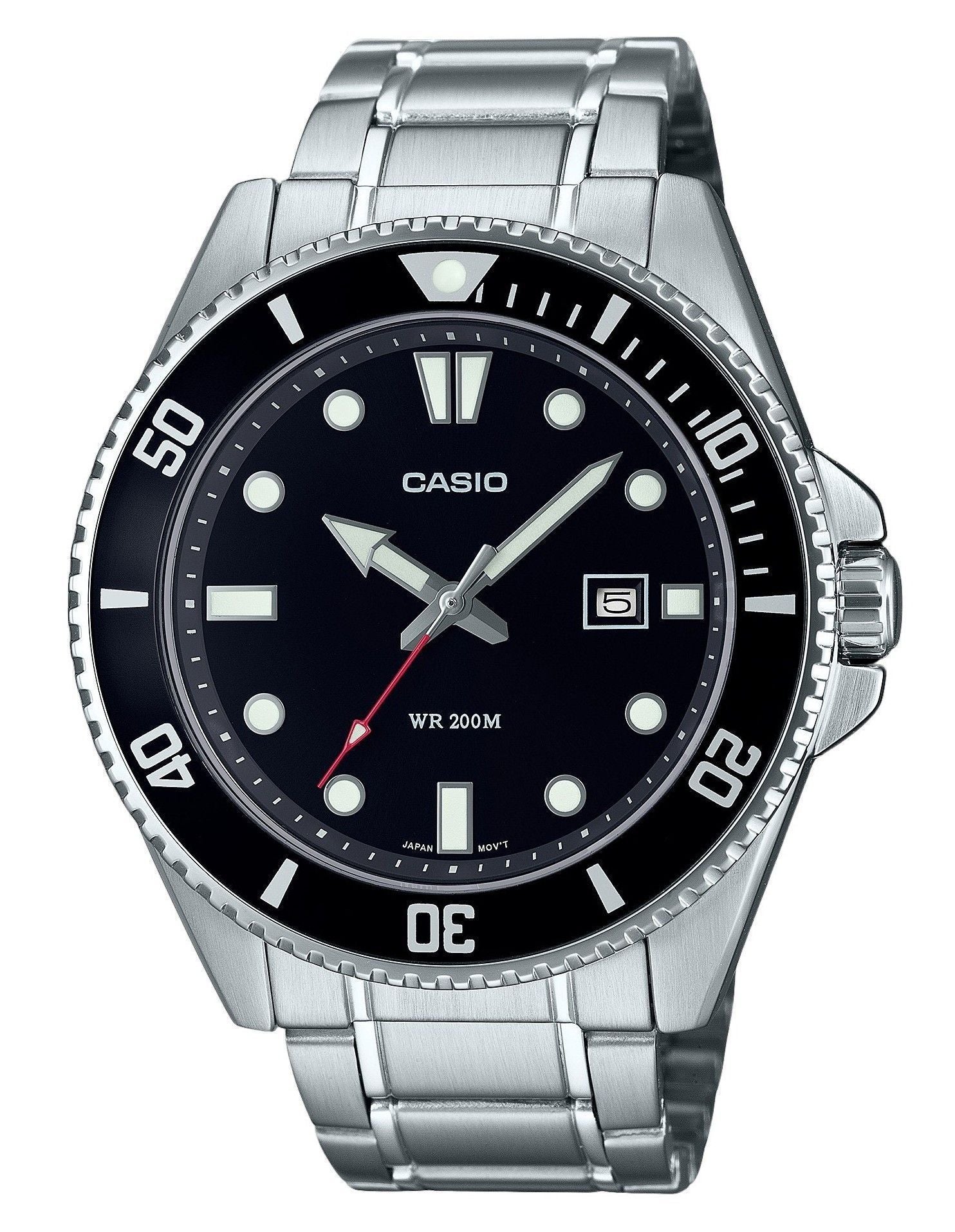 Casio Standard Analog Stainless Steel Black Dial Quartz 200M. A brand-new Casio Standard watch featuring a Black dial and a Stainless steel strap. Front view.