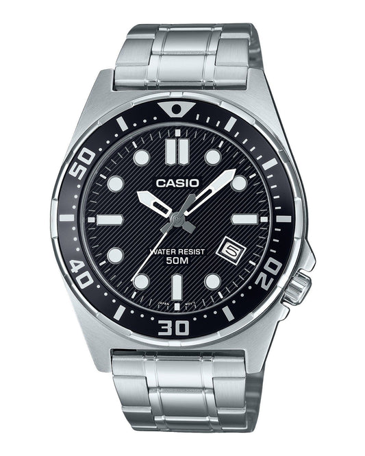 Casio Standard Analog Stainless Steel Black Dial Quartz. A brand-new Casio Standard watch featuring a Black dial and a Stainless steel strap. Side view.
