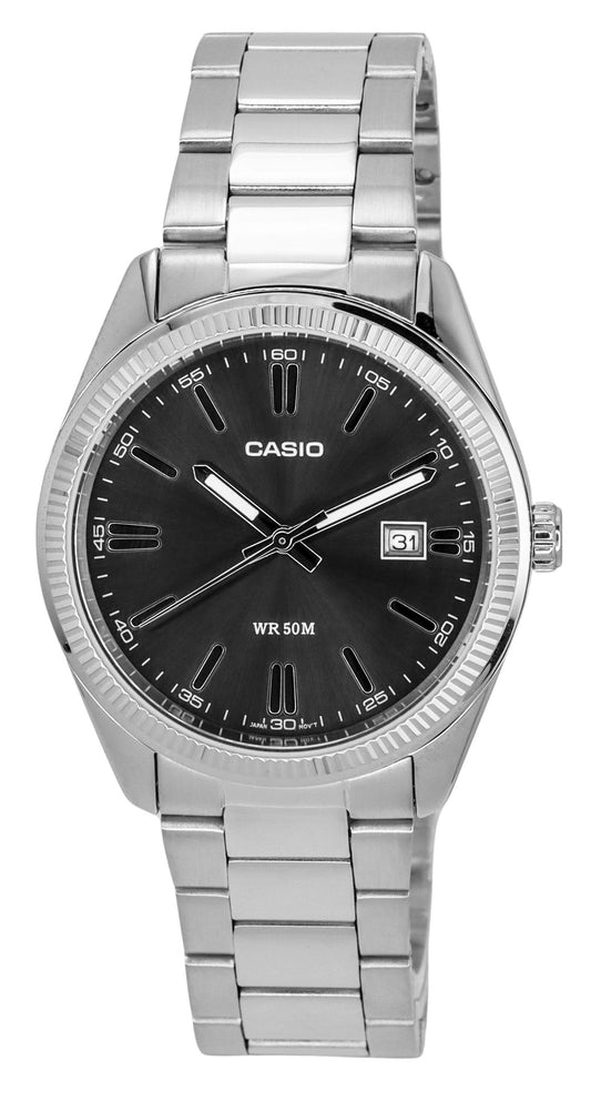 Casio Standard Analog Stainless Steel Black Dial Quartz. A brand-new Casio Standard watch featuring a Black dial and a Stainless steel strap. Side view.