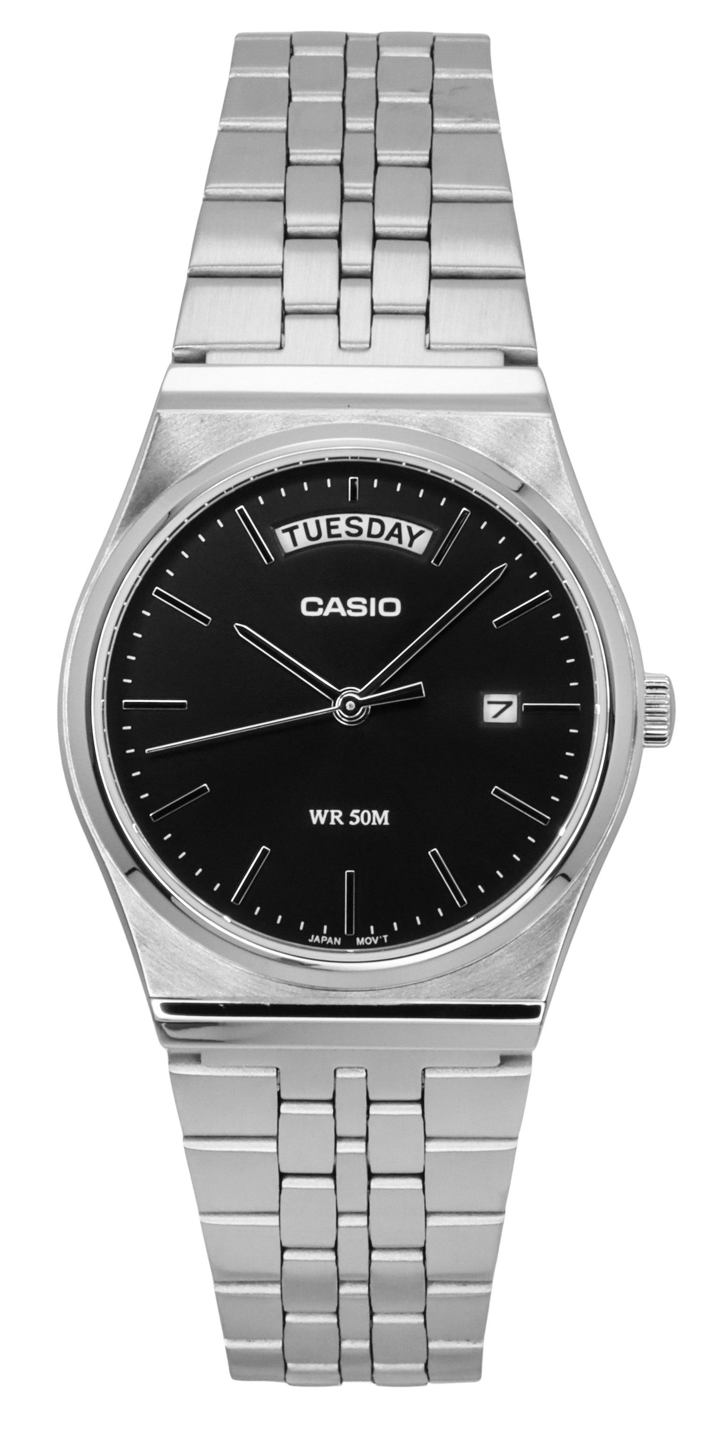 Casio Standard Analog Stainless Steel Black Dial Quartz. A brand-new Casio Standard watch featuring a Black dial and a Stainless steel strap. Front view.
