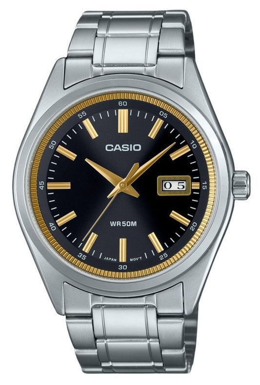 Casio Standard Analog Stainless Steel Black Dial Quartz. A brand-new Casio Standard watch featuring a Black dial and a Stainless steel strap. Side view.