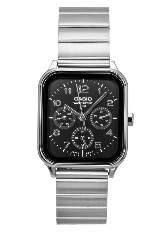 Casio Standard Analog Stainless Steel Black Dial Quartz. A brand-new Casio Standard watch featuring a Black dial and a Stainless steel strap. Front view.