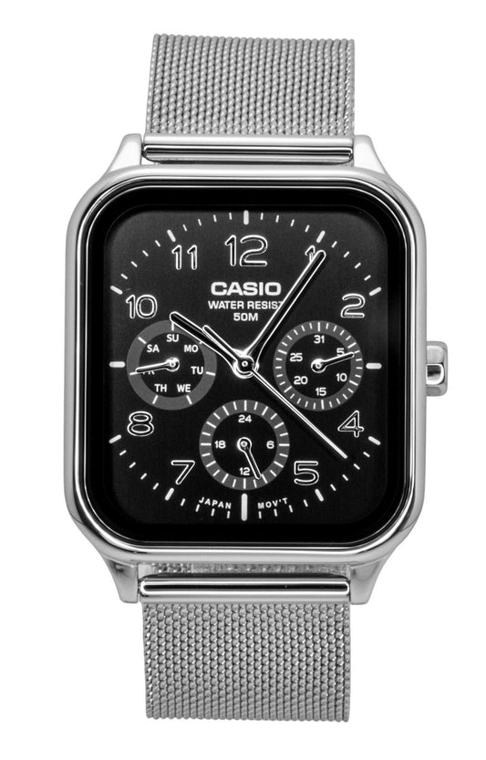 Casio Standard Analog Stainless Steel Black Dial Quartz. A brand-new Casio Standard watch featuring a Black dial and a Stainless steel strap. Side view.