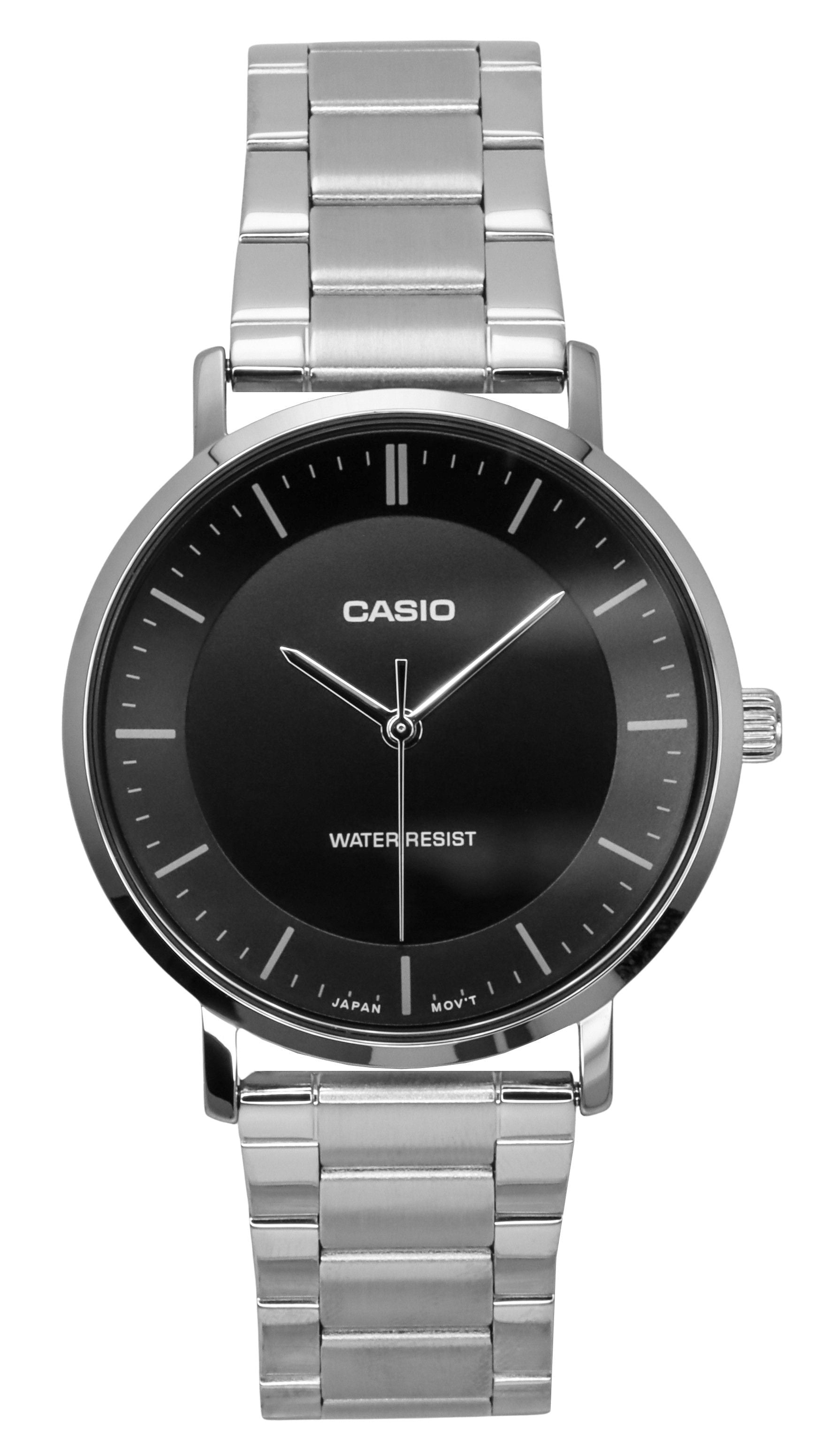 Casio Standard Analog Stainless Steel Black Dial Quartz. A brand-new Casio Standard watch featuring a Black dial and a Stainless steel strap. Angled view.