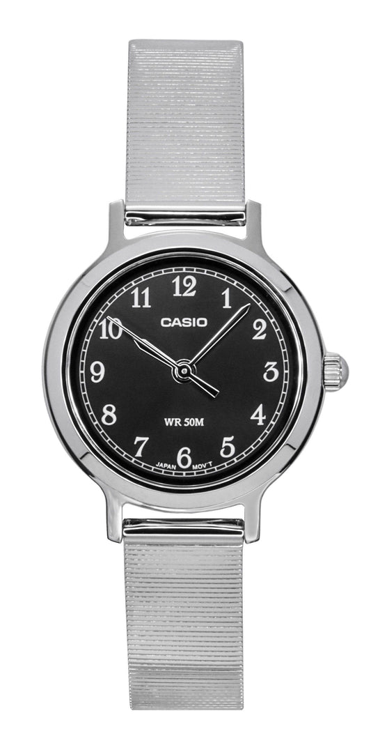 Casio Standard Analog Stainless Steel Black Dial Quartz Wo. A brand-new Casio Standard watch featuring a Black dial and a Stainless steel strap. Side view.