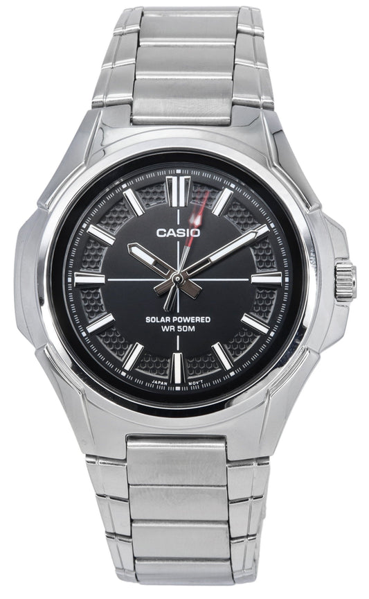Casio Standard Analog Stainless Steel Black Dial Solar. A brand-new Casio Standard watch featuring a Black dial and a Stainless steel strap. Angled view.