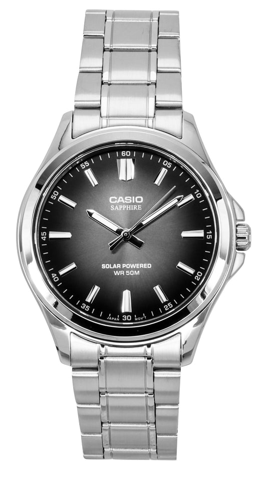 Casio Standard Analog Stainless Steel Black Dial Solar. A brand-new Casio Standard watch featuring a Black dial and a Stainless steel strap. Front view.