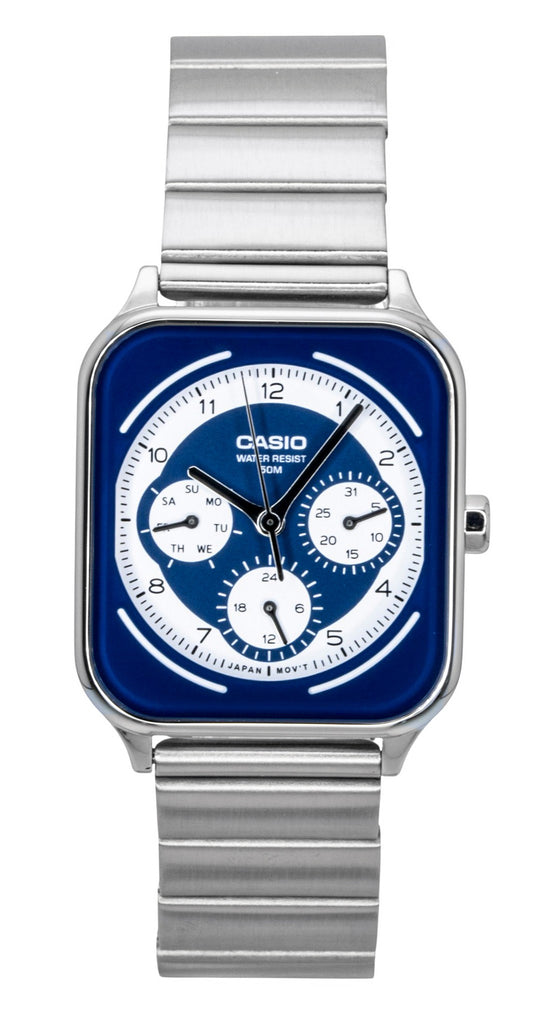 Casio Standard Analog Stainless Steel Blue And White Dial. A brand-new Casio Standard watch featuring a White dial and a Stainless steel strap. Angled view.